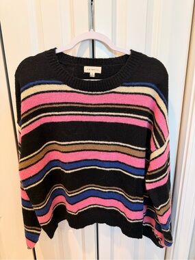 Promesa Black Crewneck Sweater with Pink, Blue & Cream Stripes